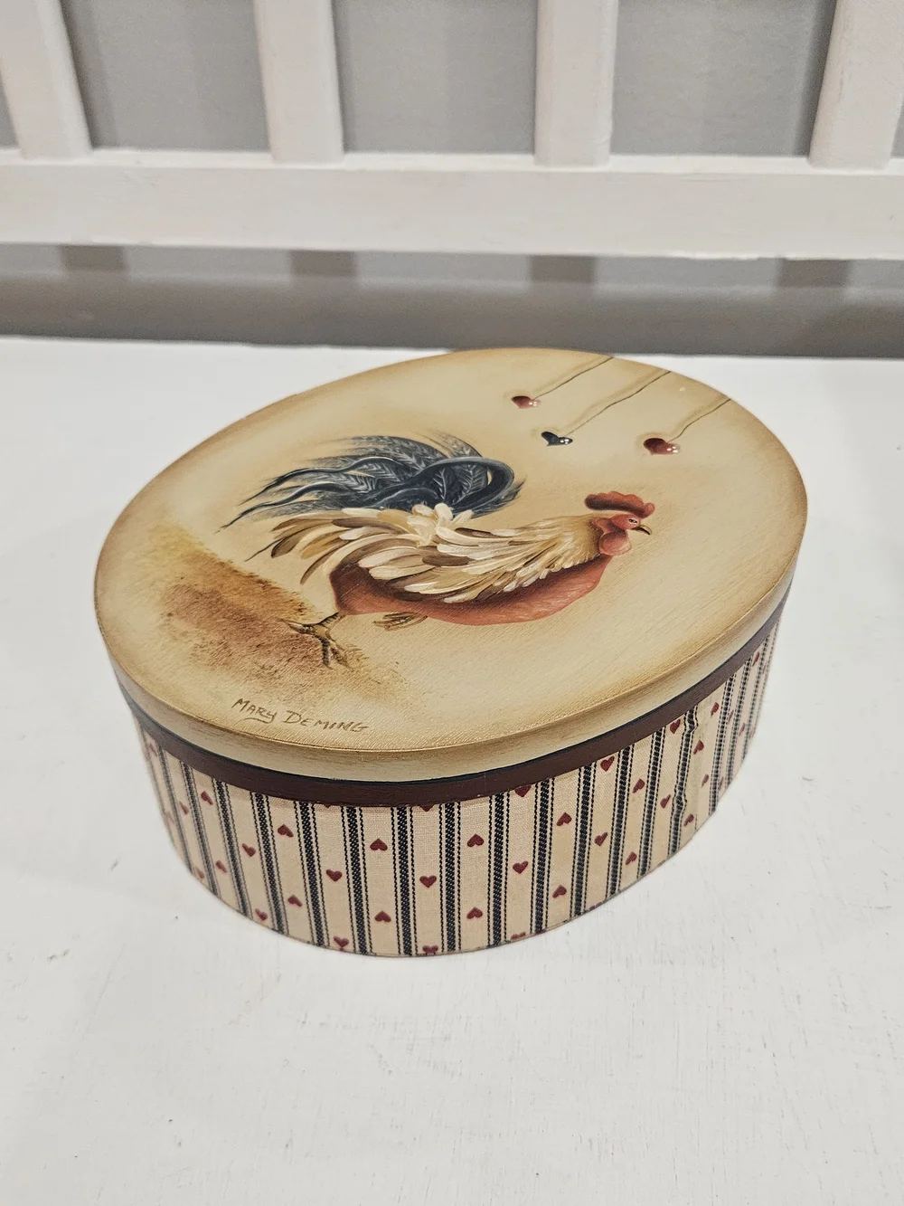 Vintage Handpainted Rooster Cloth Wrapped Storage Box, Signed Mary Deming